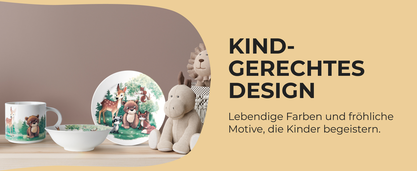 MIAMIO Набір дитячого посуду 3 шт. з порцеляни (тарілка, миска, чашка) - для дітей та малюків (ліс)