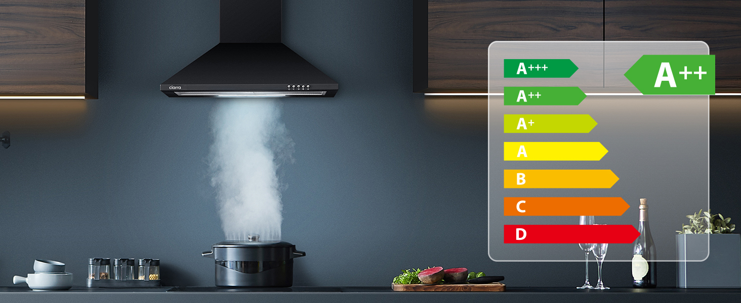 Витяжка кухонна CIARRA CBCB6201 чорна, пірамідальна, 60 см, 404 м³/год, A++, LED-підсвітка, з вугільним фільтром CBCF002X2, режим рециркуляції та відведення