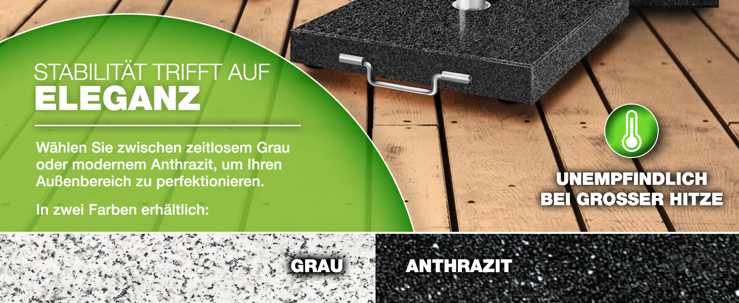 Підставка для парасольки Tillvex® Granit з роликами та ручкою для транспортування, 27 кг, кутова | Підставка для парасольки з нержавіючою сталею | Підставка для парасольки на балкон, сумісна з держателями 16-48 мм та парасольками діаметром 250 см, кутова, сіра