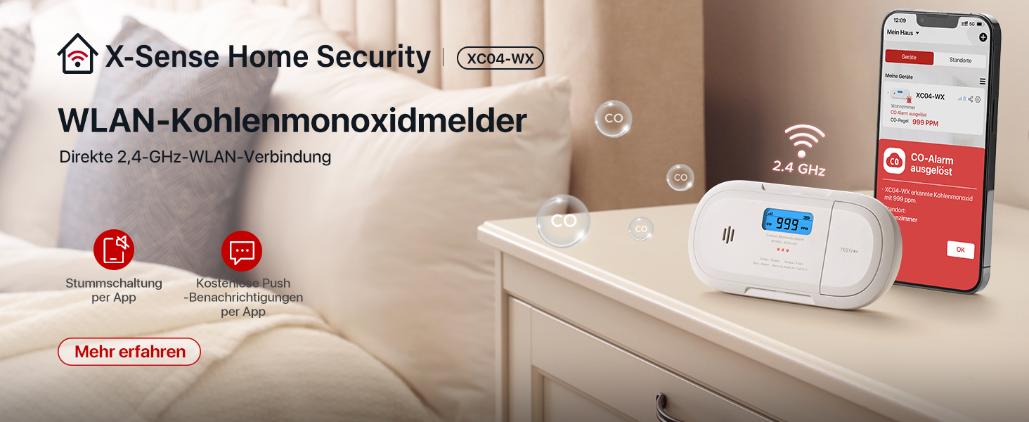 Датчик диму X-Sense WLAN з підключенням до Wi-Fi, EN14604, з змінною батареєю, сповіщення через додаток, білий, 1 шт.