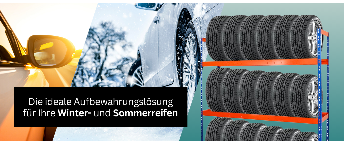 Стелаж для шин PROREGAL Tiger XL: 200x180x45 см, 300 кг навантаження, до 21 шини (205/55 R16), блакитно-помаранчевий, для майстерні, складу, підвалу