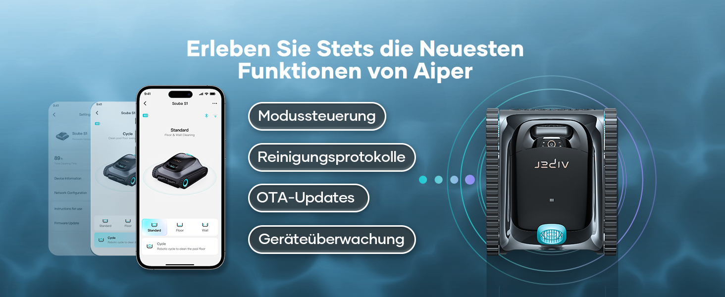 Робот-пилосос для басейну AIPER Scuba S1, очищення дна та стін, водолінія, ультраточний фільтр 3 мкм, акумулятор 180 хв, потужність 15900 л/год, керування через додаток, для вбудованих басейнів