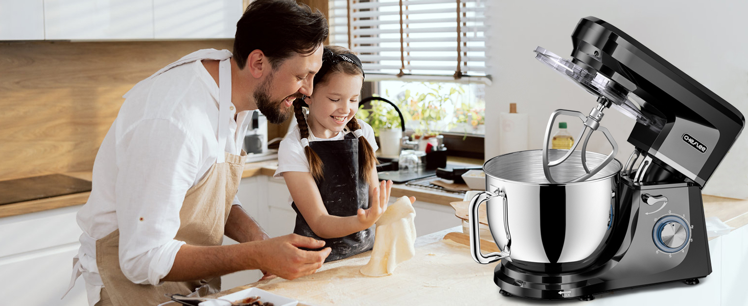 Кухонна машина Cheflee 2000W: потужна планетарна міксер для тіста та збивання, 6 швидкостей, 7.2 л чаша з нержавіючої сталі, гак та вінчик, захист від бризок, чорний