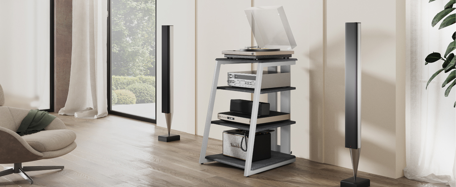 Стійка FITUEYES HiFi Wood & Steel, Поворотний стіл з регульованими полицями, 652x78 см Чорний