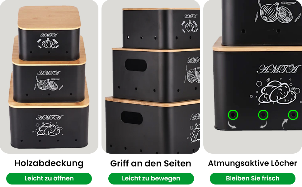 Набір контейнерів для зберігання картоплі, цибулі та часнику (3 шт) – Преміум-контейнери з циркуляцією повітря, вінтажний стиль, чорний колір