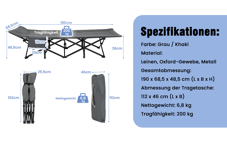 Похідне ліжко COSTWAY зі зручним бавовняним наповнювачем інтегрована подушка та матрац, розкладне кемпінгове ліжко з навантаженням до 200 кг, розкладне ліжко з бічною кишенею, кемпінговий шезлонг з сумкою для перенесення, гостьове ліжко сірого кольору