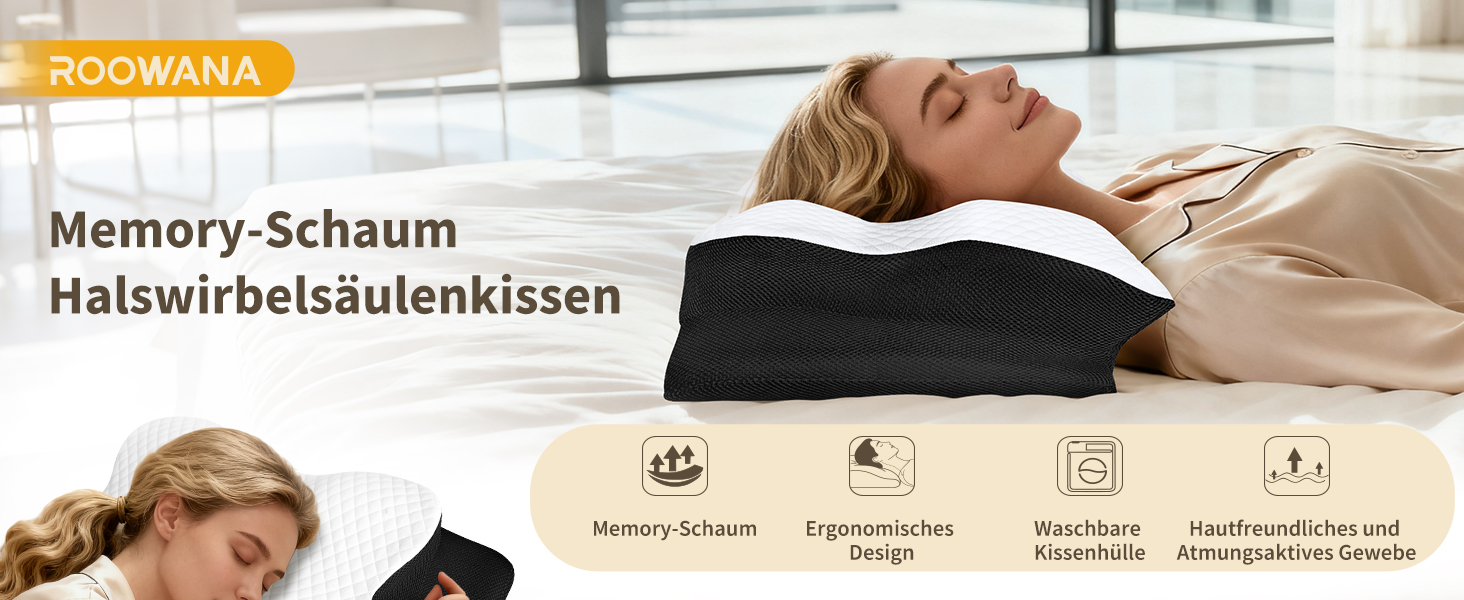 Ортопедична подушка для шиї з Memory Foam, ергономічна для сну на боці, спині та животі, 61.7x37x13/13.6 см, чорна