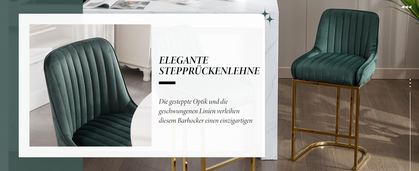 Набір з 2 барних стільців з велюру з золотистими ніжками, з підлокітниками та спинкою для кухонного острова/домашнього бару (зелений)