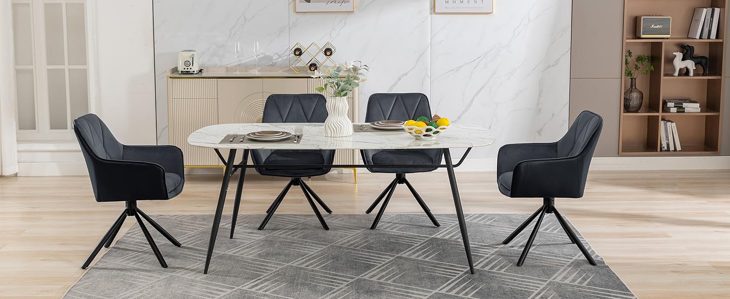 Обідні стільці Lestarain, поворотні, для кухні, спальні, вітальні, комплект з 4 шт. М'які, з підлокітниками та спинкою, на металевих ніжках, оксамит, чорний колір