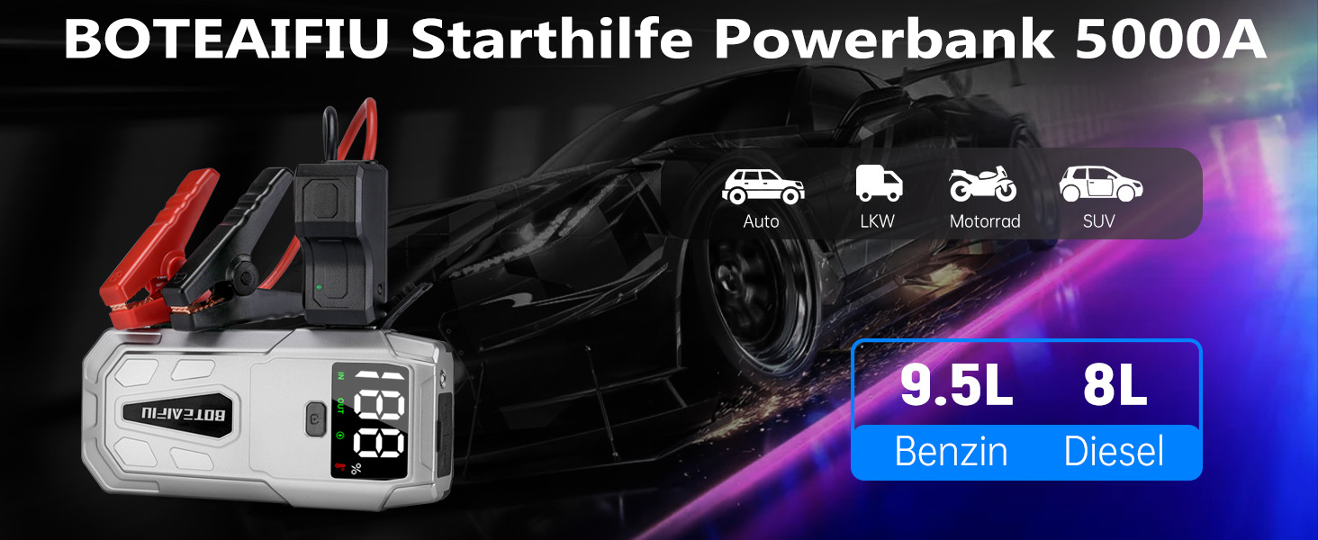 Портативний пусковий пристрій Auto-Starthilfe: Powerbank 5000A для автомобілів до 9.5л бензину або 8.0л дизеля