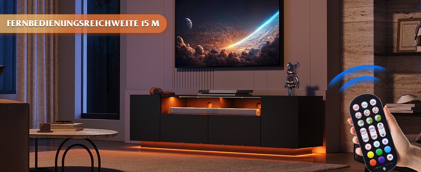 Тумба під телевізор WLIVE з LED-підсвіткою, глянцева, чорна, 170x36x45 см - шафа для ТВ з полицями та дверцятами