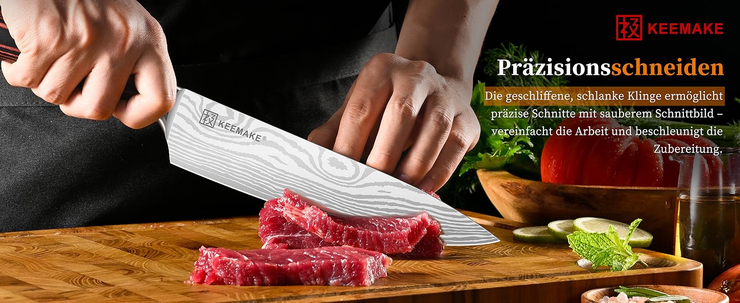KEEMAKE Ніж кухарський 20см, професійний ніж для кухні з нержавіючої сталі з захистом леза, гострий ніж шеф-кухаря для м'яса, овочів, риби