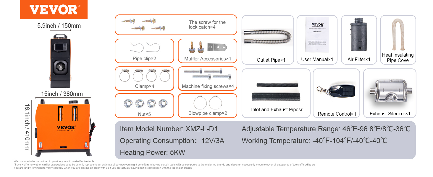 VEVOR дизельна повітряна опалювальна система 12V 5-8kW з LCD-дисплеєм, пультом дистанційного керування та Bluetooth-APP, 0.16–0.52 л/год