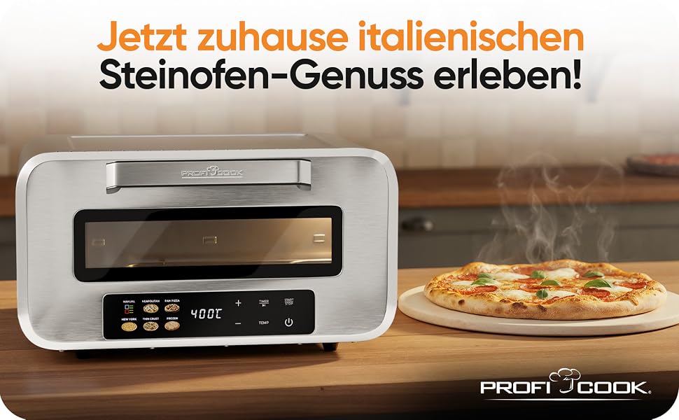Електрична піч для піци ProfiCook PC PO 1323 з піцельним каменем, до 400°C, з лопаткою для піци