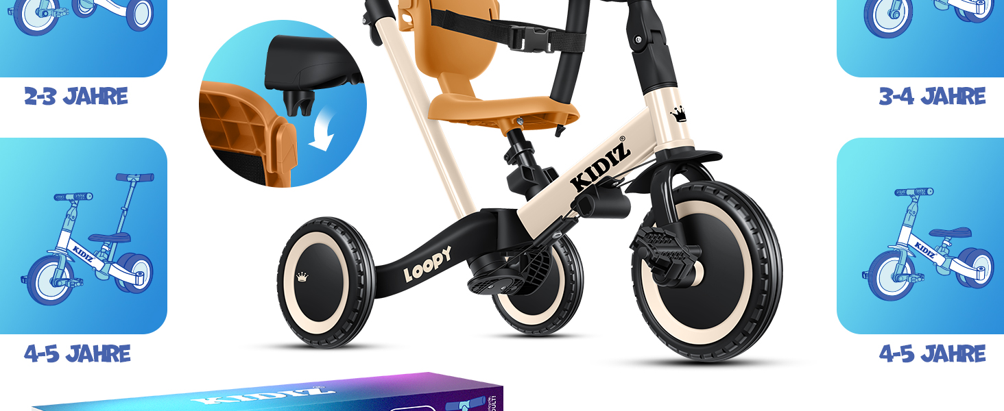 Біговел-триколіс KIDIZ 6-в-1 для дітей від 1 до 5 років (бежевий) до 25 кг з ручкою, захисним бампером, ременем безпеки, дзвінком та дзеркалом