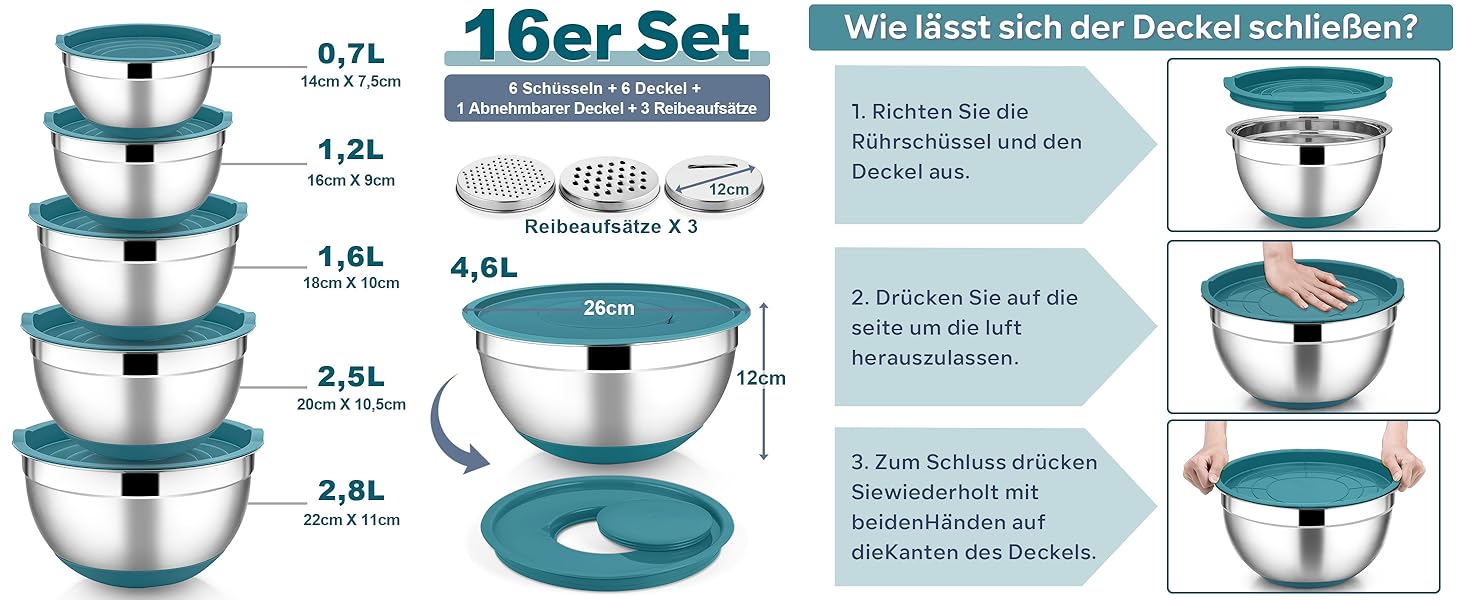 Набір мисок HaWare 6 шт. з нержавіючої сталі з кришками та тертками, 4.6/2.8/2.5/1.6/1.2/0.7 л, силіконове дно, миючі в посудомийній машині