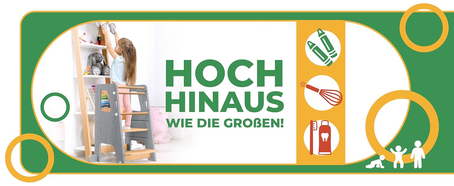 КІДІЗ® навчальний стільчик для дітей від 1 року | 3-ступеневий регульований по висоті | з навчальним годинником | дерев'яний (сосна) | розвиває моторику | Montessori Learning Tower | до 50 кг | антрацит & сосна