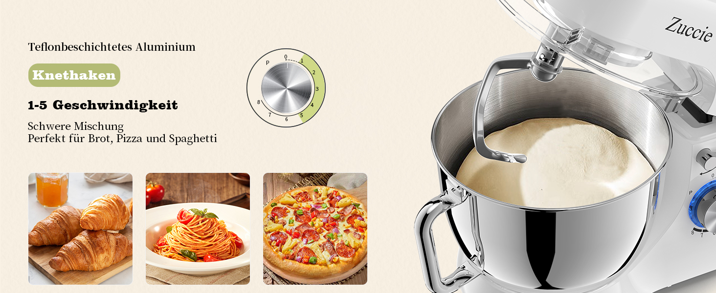 Кухонна машина Zuccie з тихою роботою, місткістю 5л, з нержавіючою чашею, 3 насадки, сплітц-захист, скребок для тіста та роздільник яєць, 8+ швидкостей.