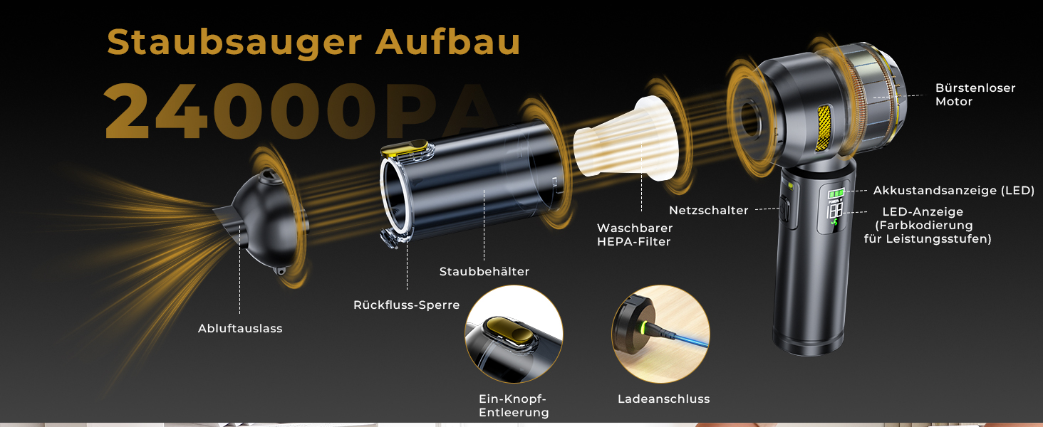 Акумуляторний ручний пилосос HOVIN для авто та дому, потужність 24000 Па, 3 режими роботи, бездротовий, чорно-золотий