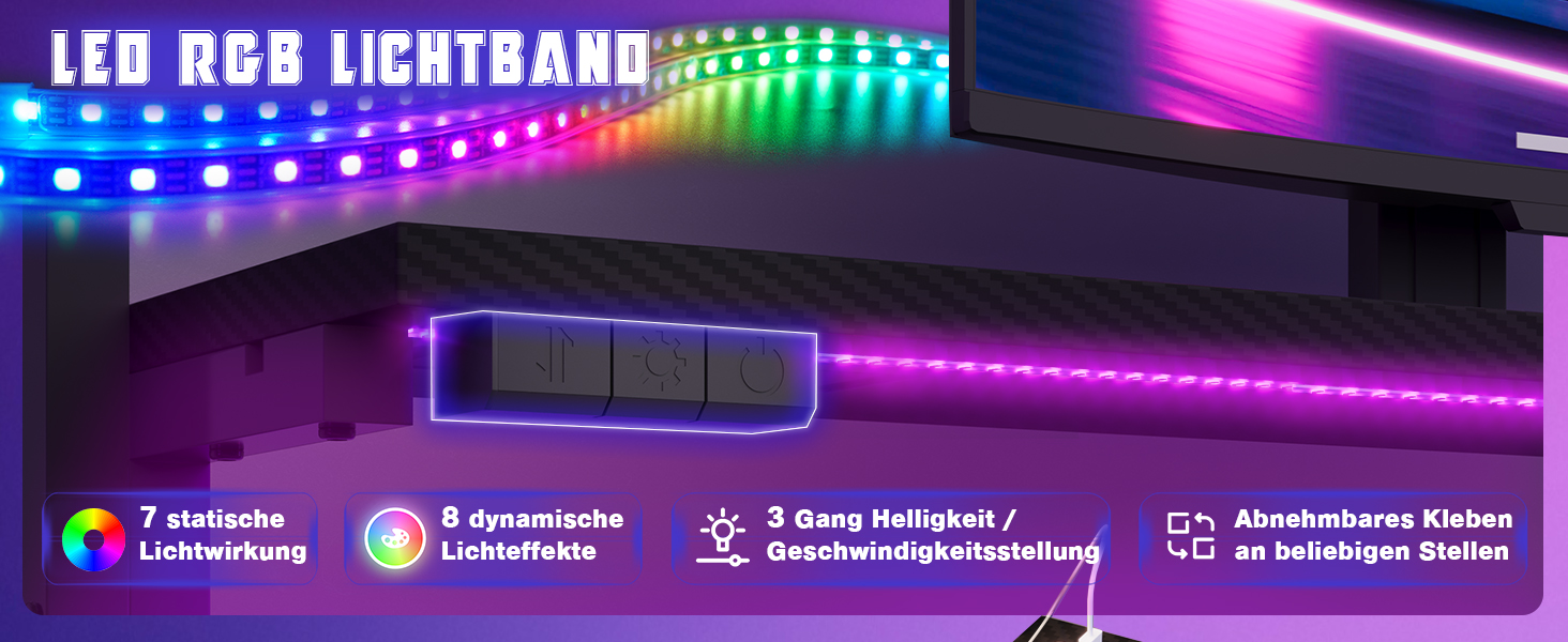 Ігровий стіл JUMMICO 140x60 см з розеткою, LED-підсвіткою та вуглецевим покриттям, обертовий комп'ютерний стіл з підставкою під монітор, шухлядами та підставкою для навушників, чорний