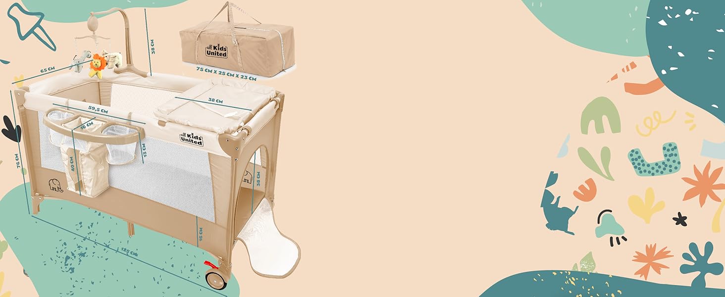 Дитяче ліжко-манеж All Kids United® для подорожей з матрацом, пеленальним столиком, музичним провідником та мобілем (сірий)