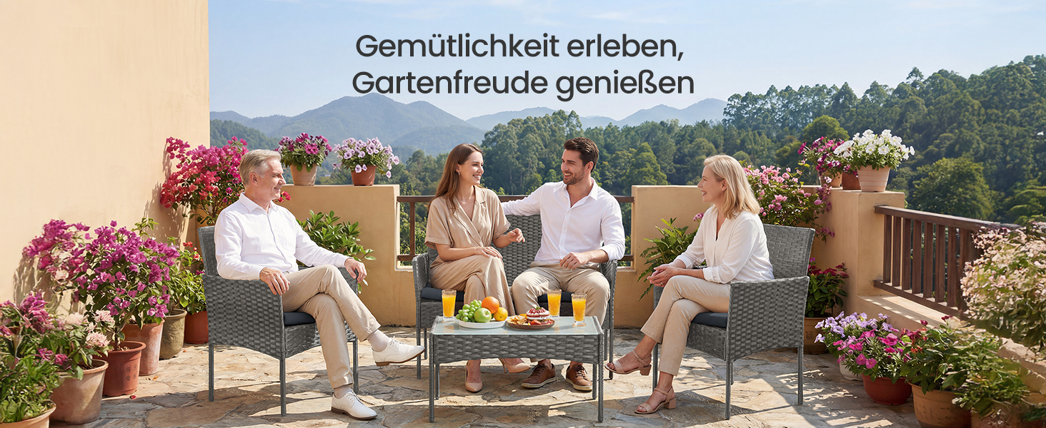 Набір садових меблів SONGMICS 4-х місний, з PE-ратан, для тераси та балкону, сірий (GGF004TZ01)