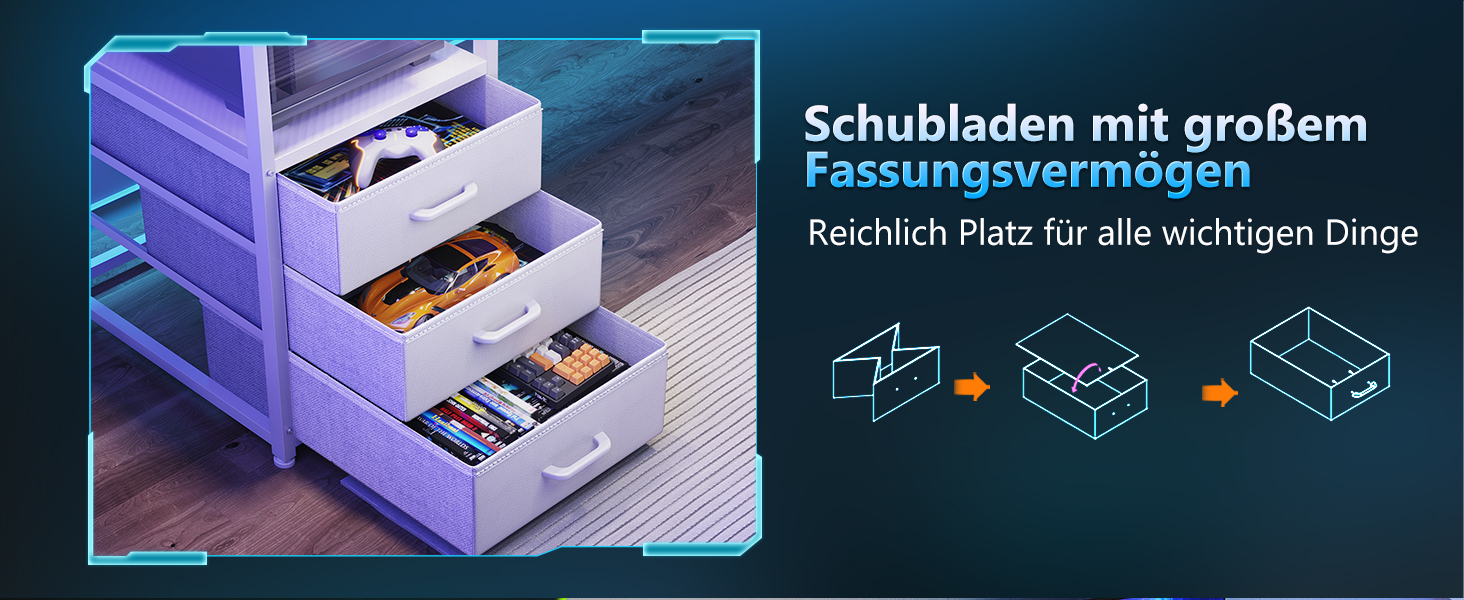 Ігровий стіл Coleshome з шухлядами, 151x50 см, з LED-підсвічуванням та розеткою, з полицями та підставкою для монітора (карбонове волокно)