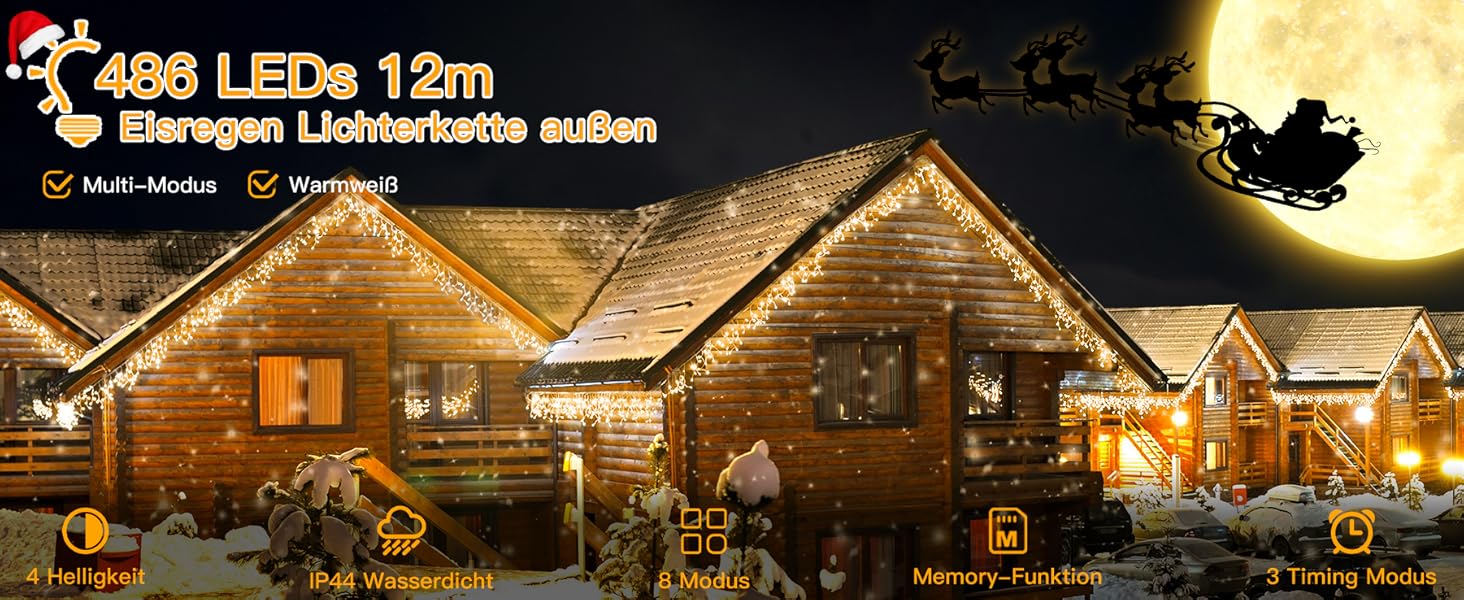 Вулична гірлянда Ollny Ice Rain 12 м 8 режимів IP44 теплий білий