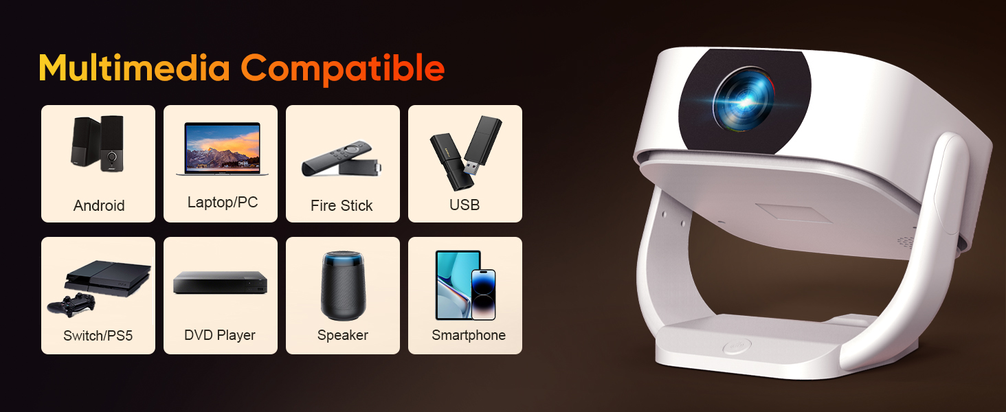 Міні-проектор Beamer 4K 1080P з Wi-Fi/BT, електронним фокусом/автоматичною корекцією трапецеїдальних спотворень, 50% зумом, 270° обертанням для домашнього кінотеатру/відпочинку на природі, сумісний з ноутбуком/смартфоном/мишею
