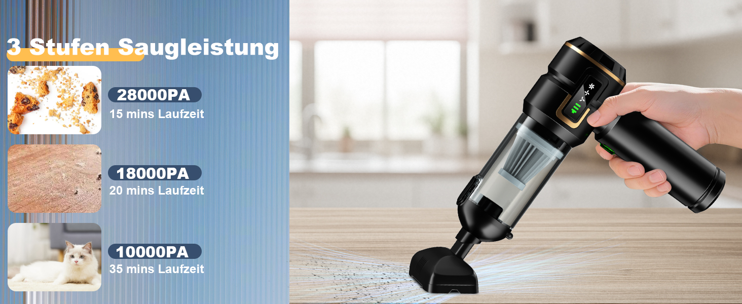 Акумуляторний ручний пилосос 4-в-1 для авто та дому з LCD-дисплеєм, потужність 28000Па, 3 режими роботи, бездротовий міні-пилосос від шерсті та пилу, чорний