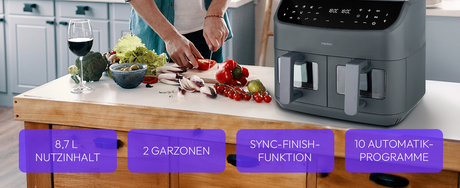 MEDION P20 XXL Фритюрниця з гарячим повітрям з 2 камерами (8,7 л, Airfryer, 2600 Вт, подвійна камера, 10 автоматичних програм, 2 висувні ящики, віконце, Dual Airfryer, ILAG PFAS-free, MD11760) матово-білий, матово-сірий