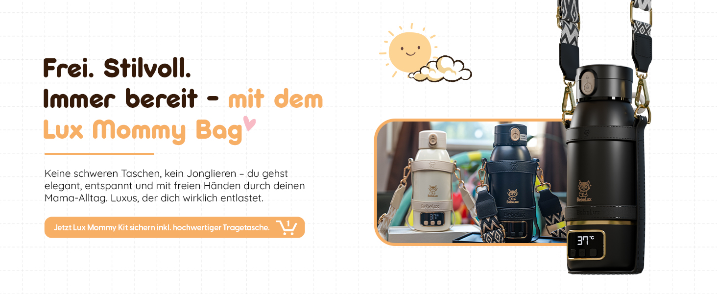 Підігрівач для дитячих пляшечок BEBELUX LUX MOM KIT – Електричний, USB-C, 36W, BPA-free, з терморегулятором, акумуляторний (Чорний)