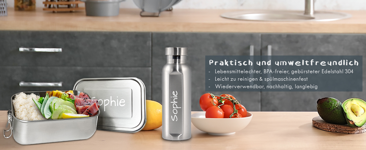 Ланчбокс з нержавіючої сталі з гравіюванням імені + пляшка для води – 800 мл, 470 мл, з роздільником, захист від протікання, бенто-бокс – подарунок, 1 вересня, спорт, відпочинок на природі