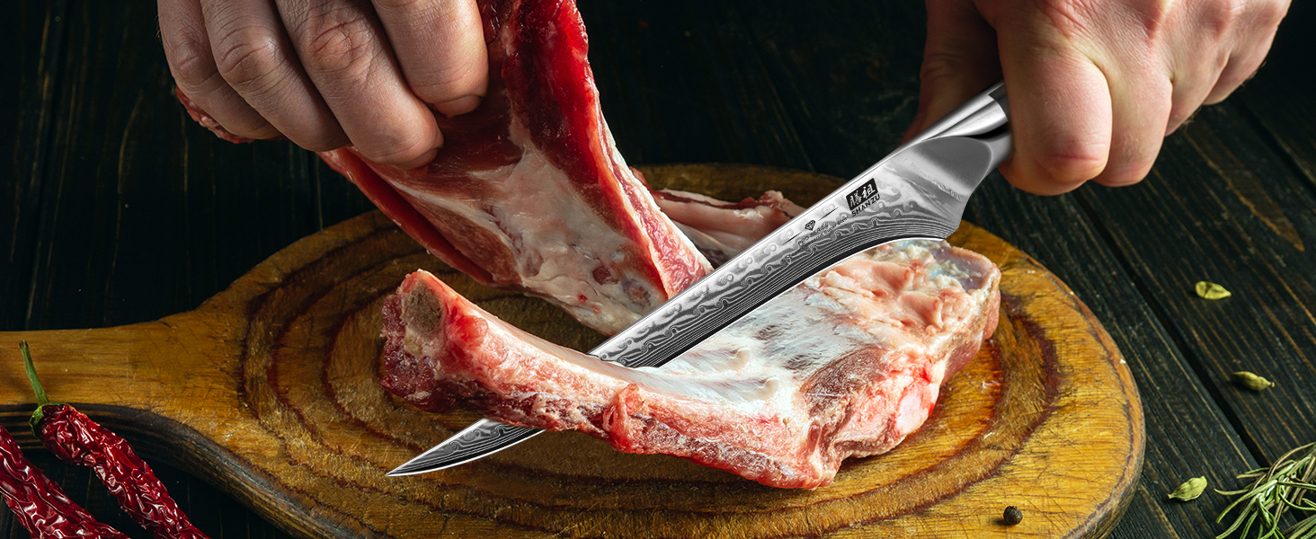 Японський кухонний ніж SHAN ZU 15 см з дамаської сталі, серія PRO. Кухонний ніж з лезом з 67 шарів вуглецевої сталі та ручкою G10. Філейний ніж.
