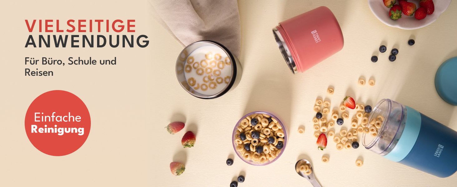 Мюслі-кружка LEBENLANG To Go з ложкою - ізольована чашка з нержавіючої сталі, 650 мл. Чашка для мюслі, йогурту, каші, для дітей та дорослих, рожева, 500 мл + 150 мл