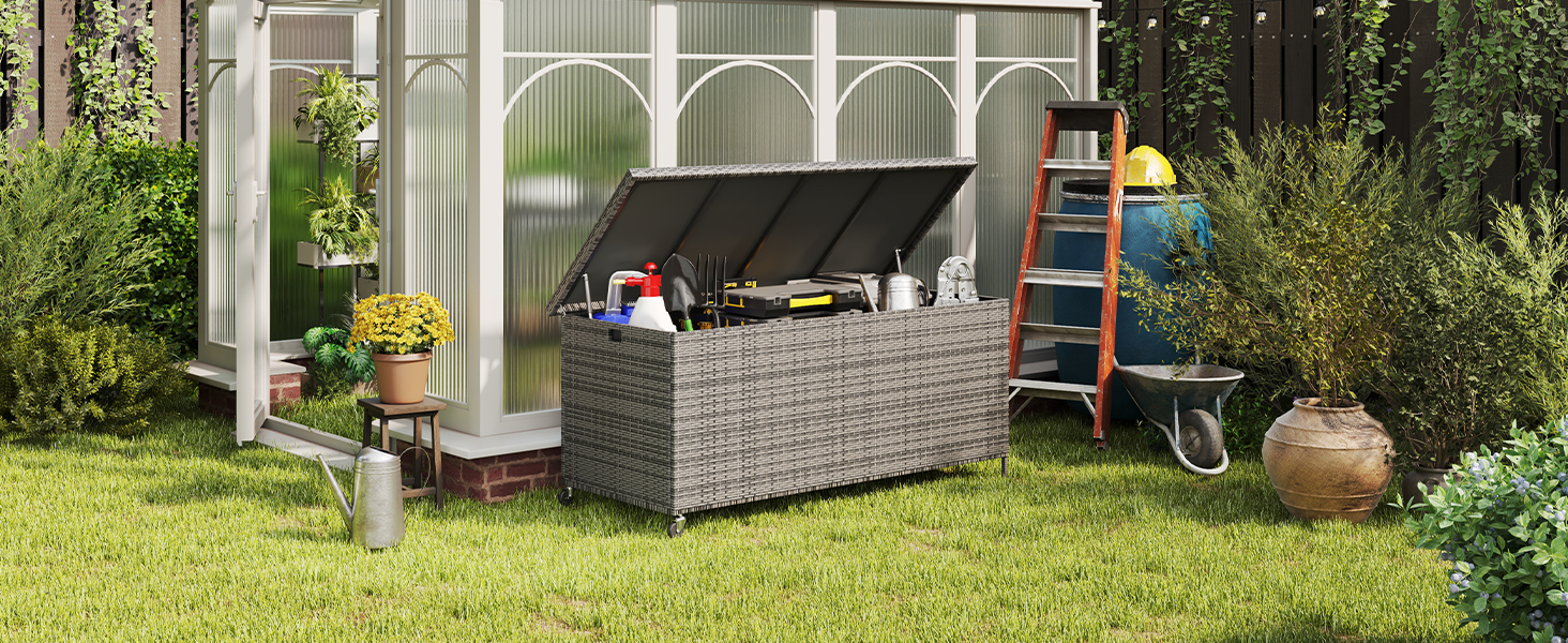 Скриня для подушок садових Polyrattan Amopatio 480л, водонепроникна, з роликами та газліфтом, сіра