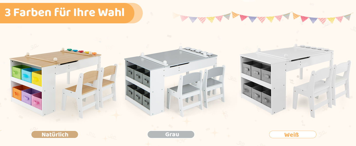 Дитячий стіл COSTWAY 3 в 1 з 2 стільцями, активний стіл-мольберт з підйомною стільницею, набір кольорів, 6 тканинних контейнерів та рулон паперу, сірий, 109x60x55 см