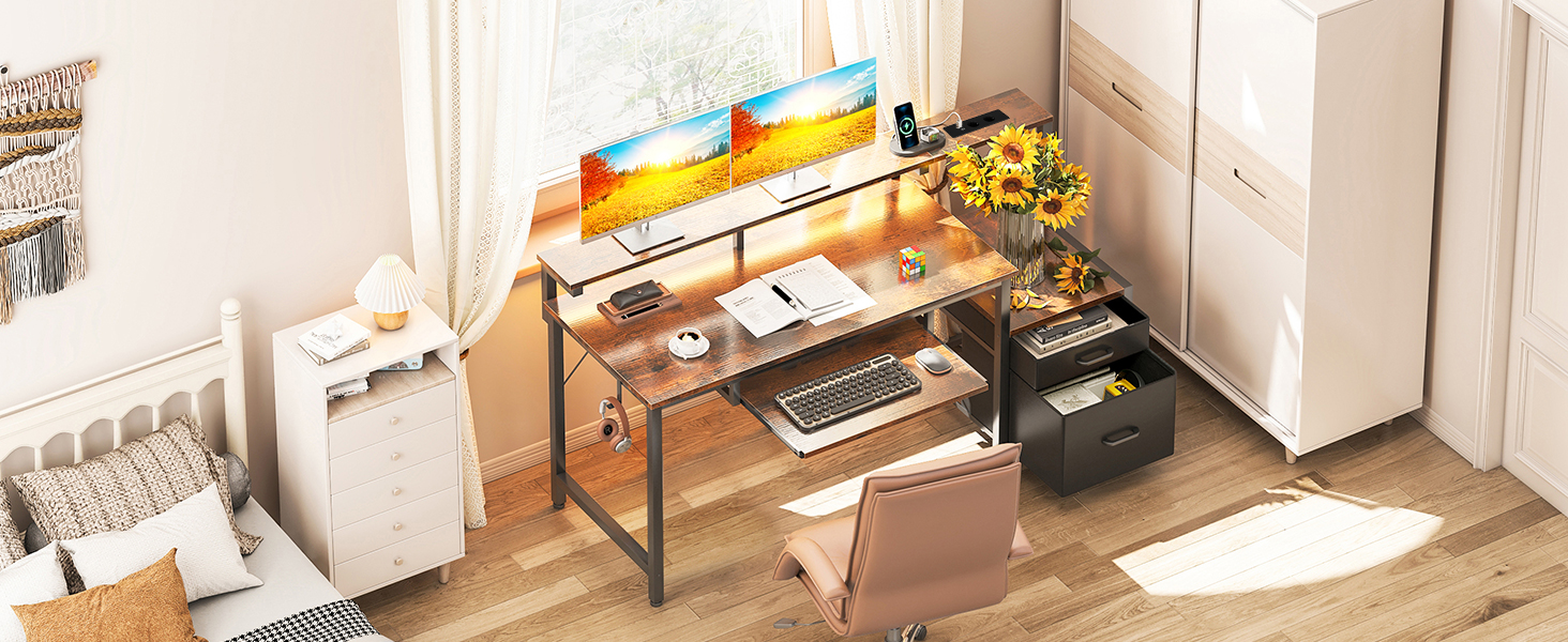 Ігровий стіл Coleshome з LED підсвіткою, ящиками та USB-роз'ємами (140x48 см, коричневий)