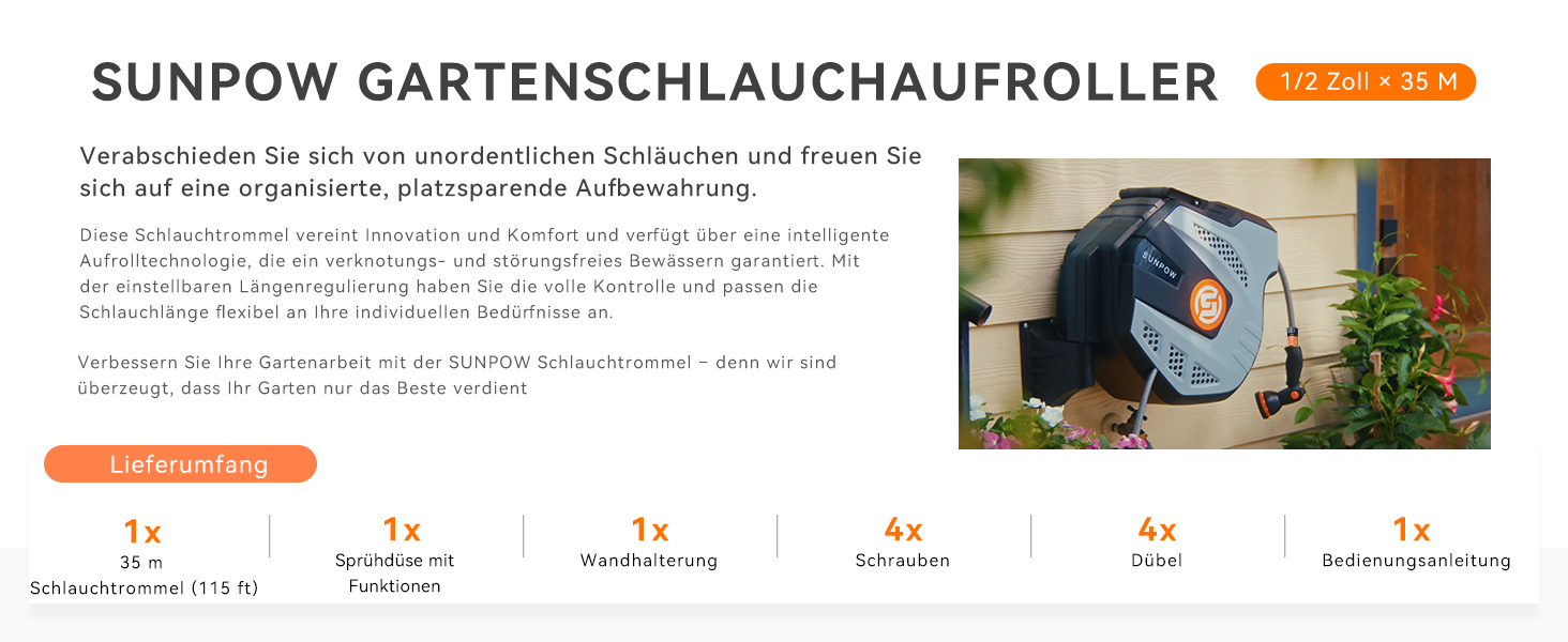 Шланг для поливу SUNPOW RollUp: автоматичний барабан з 10 функціональними розпилювачами, монтаж на стіну, поворот 180°, сірий (35м)