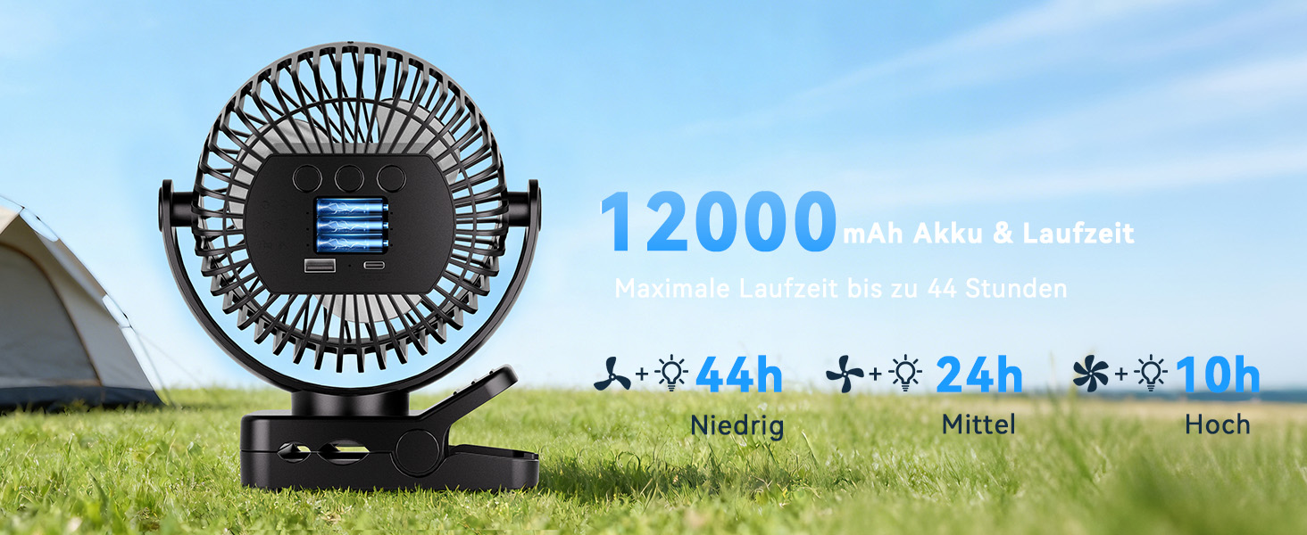 Вентилятор USB настільний з акумулятором 12000mAh, кліпсовий кемпінговий з пультом, світлом та таймером, поворотний 360°, 3 швидкості, до 44 год роботи