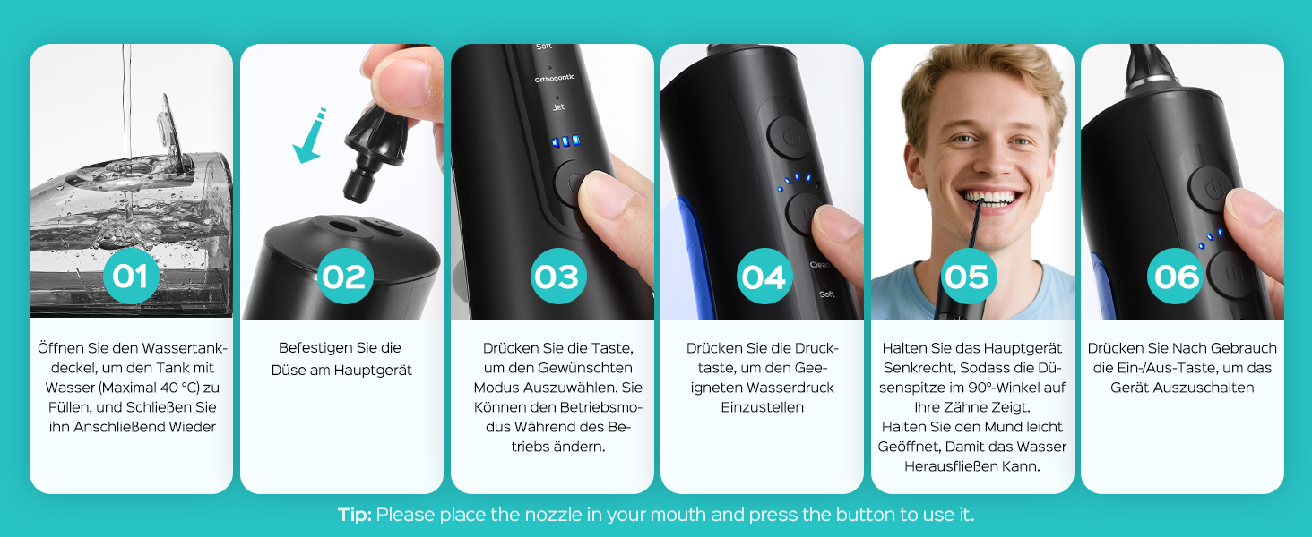 COSLUS Електрична душова лійка: 20 бар, IPX7, водонепроникна, 4 режими для догляду за порожниною рота, 5 інтенсивностей, чорна