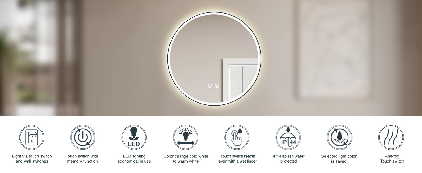 Дзеркало для ванної кімнати HOKO круглої форми, 80 см з підсвічуванням, антизапарювання, рамка, сенсорний вимикач з пам'яттю, регулювання світла 2700-6500K (тепле біле - холодне біле - нейтральне), 80 x 80 см, чорний колір