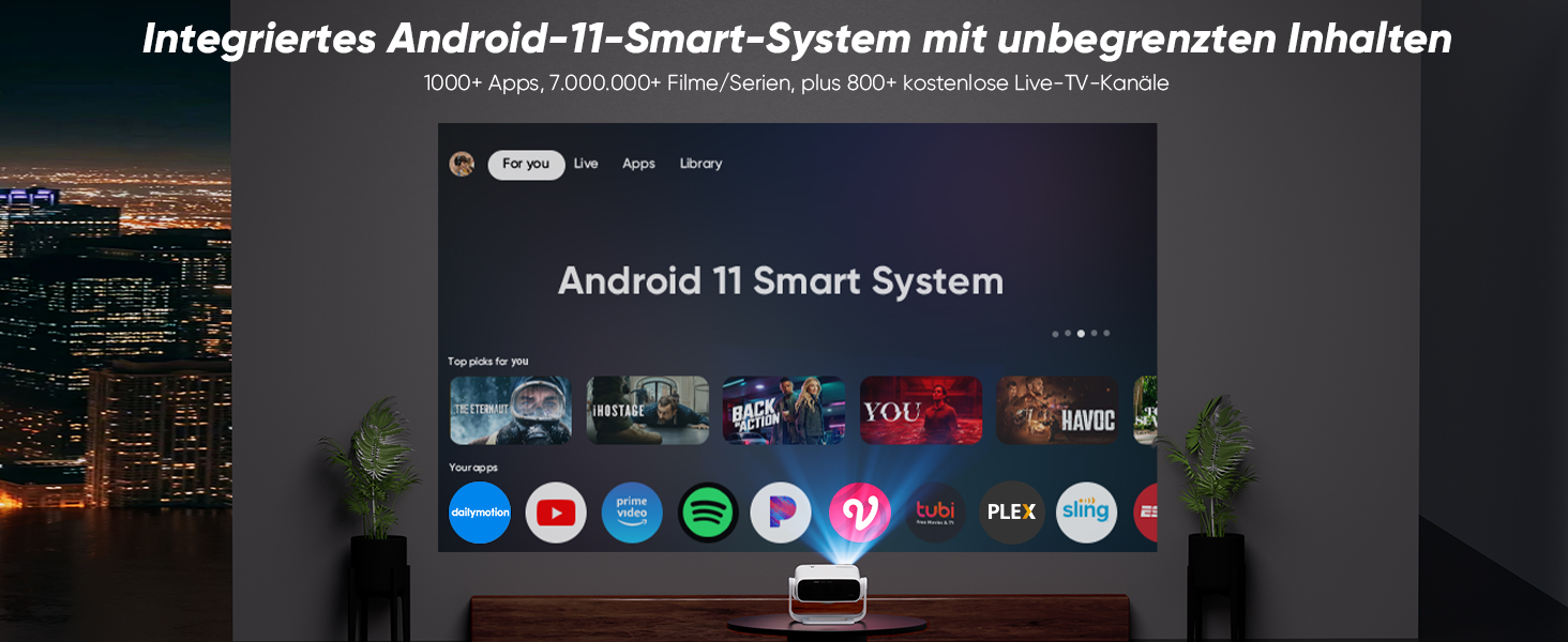 Розумний проєктор Beamer 4K Full HD 1080P, 25000 люмен, Android 11, WiFi 6, BT 5.2, обертовий штатив, для домашнього кінотеатру, сумісний з iOS/Android/Laptops, чорний