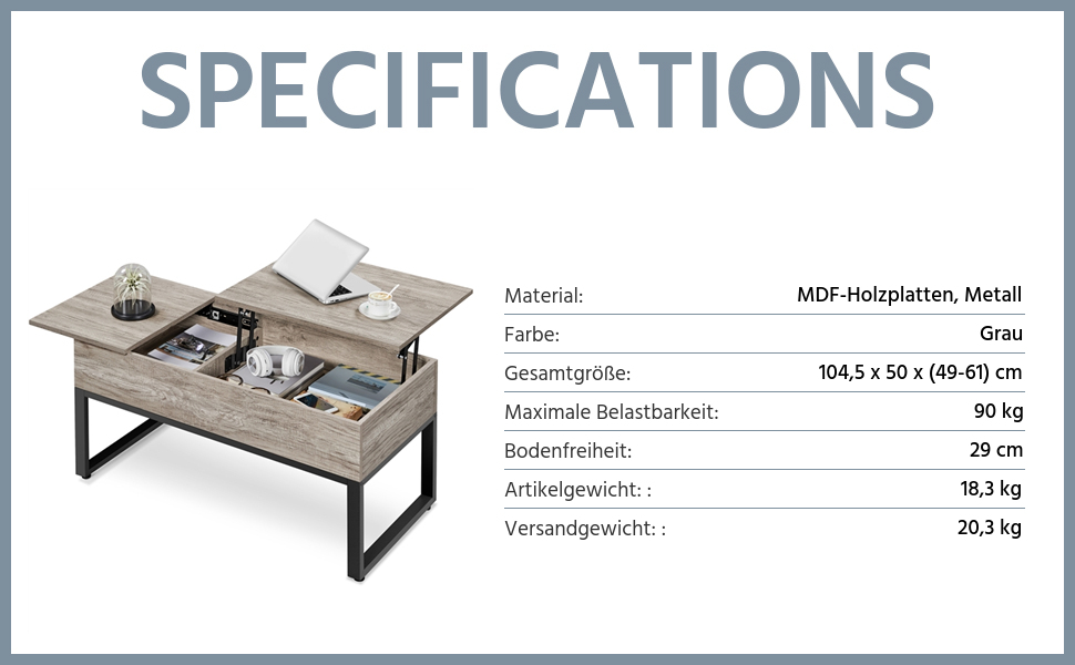 Журнальний столик Yaheetech з регульованим по висоті верхнім підйомом Верхній журнальний столик Стіл для вітальні Окремий прихований диванний стіл для зберігання Міцний металевий каркас (сірий)