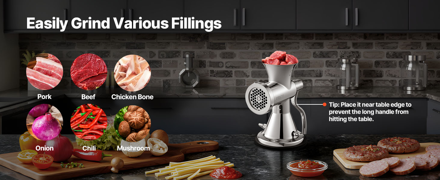 М'ясорубка ручна VEVOR 304 нержавіюча сталь, диски 4.5/8 мм, для фаршу, ковбас, овочів - срібляста