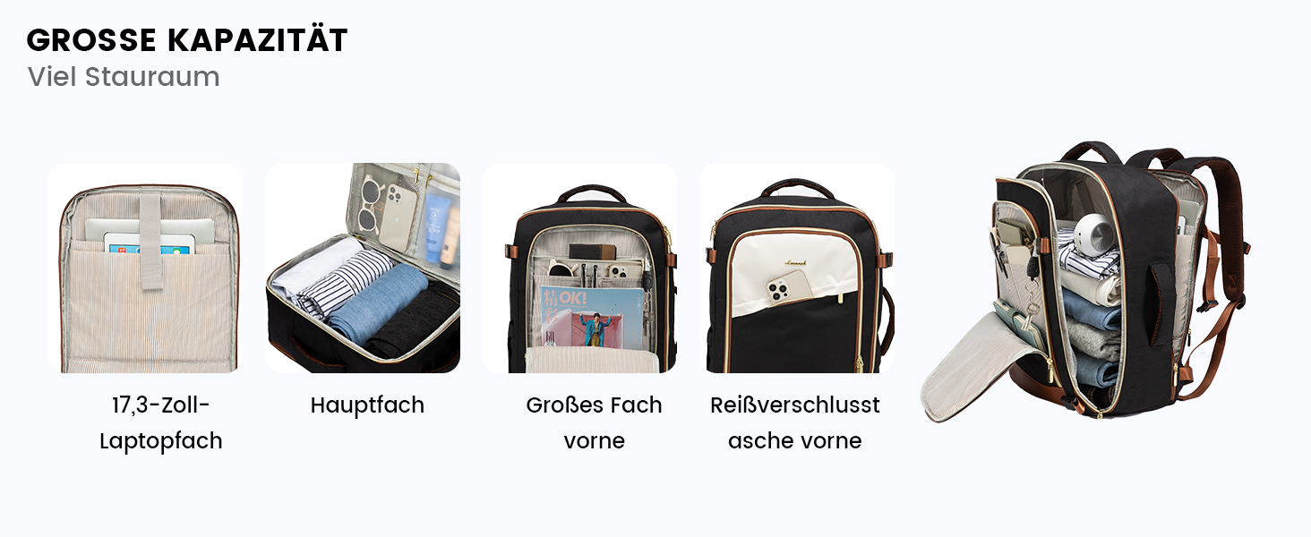 Рюкзак LOVEVOOK для ручної поклажі літака, жіночий водонепроникний рюкзак для подорожей з відділенням для взуття, 17-дюймовий рюкзак для ноутбука, 40L, 45x36x20, ручна поклажа, чорний + бежевий + каштановий