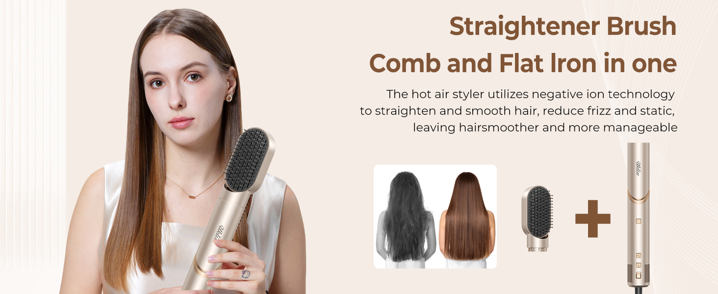 UKLISS Hairstyler Airstyler 8-в-1: Фен-щітка, випрямляч, плойка, насадки для об'єму та іонізація - Швидке сушіння для всіх типів волосся, колір шампань