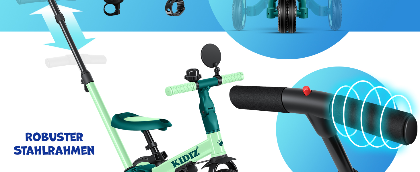 Біговел-триколіс KIDIZ 6-в-1 для дітей 1-5 років до 25 кг, з ручкою, захисним бампером, ременем безпеки, дзвінком та дзеркалом (зелений)