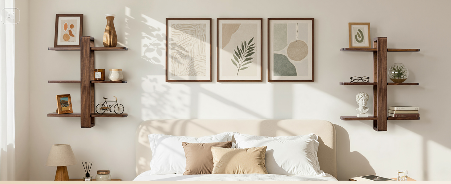 Полиця настінна SUMGAR з дерева, плаваючі полиці, 3-ярусна, декоративна, для вітальні, спальні, колір горіх, 50x58 см