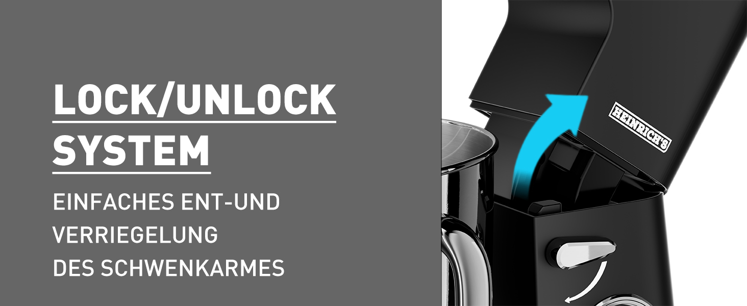 Кухонна машина Heinrichs 2500W з подвійним гаком для тіста, міксером та вінчиком, 8 швидкостей, чаша 8л з нержавіючої сталі, чорна